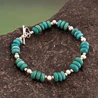 Turquoise beaded wristband bracelet, 'Sacred Horizon' - Handcrafted Natural Turquoise Silver Beaded Boho Bracelet