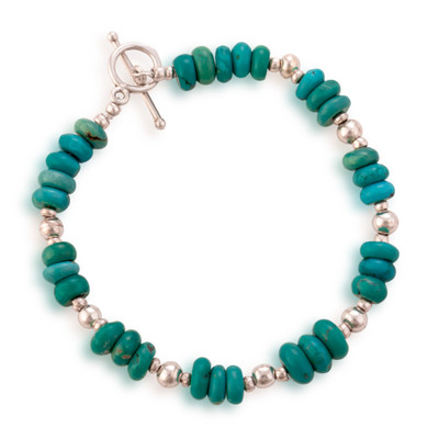 Turquoise beaded wristband bracelet, 'Sacred Horizon' - Handcrafted Natural Turquoise Silver Beaded Boho Bracelet