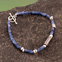 Sodalite beaded pendant bracelet, 'Dazzling Ocean' - Sodalite Beaded Bracelet with Darkened Silver Pendant