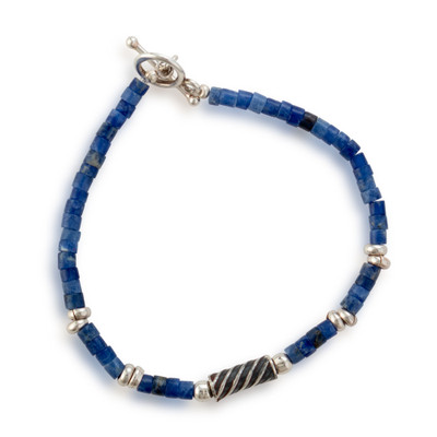 Sodalite beaded pendant bracelet, 'Dazzling Ocean' - Sodalite Beaded Bracelet with Darkened Silver Pendant