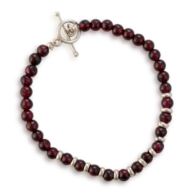 Garnet beaded wristband bracelet, 'Scarlet Kingdom' - Garnet Sterling Silver Beaded Wristband Bracelet from Peru