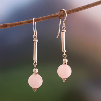 Rose quartz dangle earrings, 'Pink Dawn' - Silver Dangle Earrings with Natural Round Rose Quartz Gems