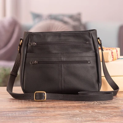 Leather sling bag, 'Andean Evening' - Minimalist Black Leather Sling Bag with Adjustable Strap