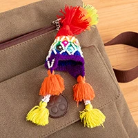 Knit keychain, 'Chullo Luck' - Folk Art-Themed Knit Rainbow Chullo Hat Keychain from Peru