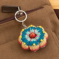 Crocheted cotton keychain bag charm, 'Gummy Flower' - Floral Crocheted Beaded Keychain and Charm for Handbags