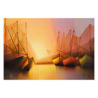 'Serene Sunset' - Modern Stretched Seascape Oil Painting of Boats at Sunset
