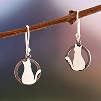 Sterling silver dangle earrings, 'Midnight Reflection' - Cat Back Silhouette-Themed Polished Oxidized Silver Earrings