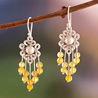 Citrine chandelier earrings, 'Lively Flowers' - Hammered Polished Citrine Silver Floral Chandelier Earrings