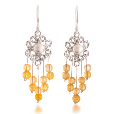 Citrine chandelier earrings, 'Lively Flowers' - Hammered Polished Citrine Silver Floral Chandelier Earrings