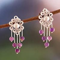 Amethyst chandelier earrings, 'Colorful Flowers' - Floral-Themed Silver Chandelier Earrings with Amethyst Gems