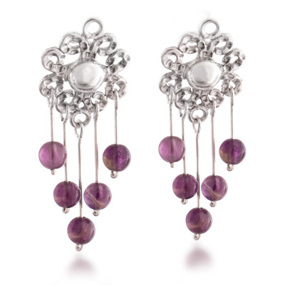 Amethyst chandelier earrings, 'Colorful Flowers' - Floral-Themed Silver Chandelier Earrings with Amethyst Gems