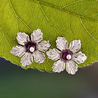 Amethyst button earrings, 'Purple Tiliaceus' - Natural Amethyst and Sterling Silver Floral Button Earrings