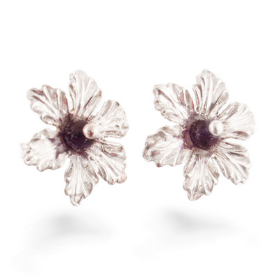 Amethyst button earrings, 'Purple Tiliaceus' - Natural Amethyst and Sterling Silver Floral Button Earrings