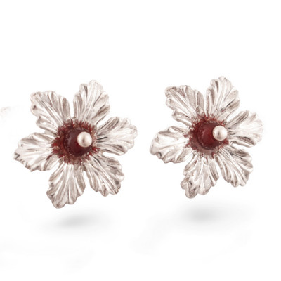 Agate button earrings, 'Red Tiliaceus' - Floral-Themed Silver Button Earrings with Natural Agate Gems