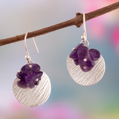 Amethyst dangle earrings, 'Andean Orchid' - Sterling Silver and Natural Amethyst Chip Dangle Earrings
