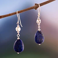 Lapis lazuli dangle earrings, 'Drops of the Open Sea' - Silver Dangle Earrings with Teardrop Lapis Lazuli Gemstones