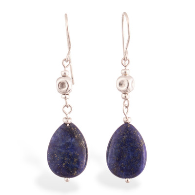 Lapis lazuli dangle earrings, 'Drops of the Open Sea' - Silver Dangle Earrings with Teardrop Lapis Lazuli Gemstones