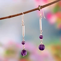 Amethyst dangle earrings, 'Purple Orbs' - Silver Dangle Earrings with Amethyst Gems of Two Sizes