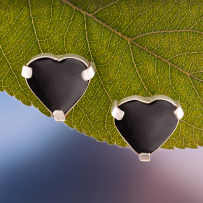 Onyx button earrings, 'Exquisite Liaisons' - Heart-Shaped Silver Button Earrings with Black Onyx Stones