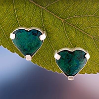 Chrysocolla button earrings, 'Exotic Liaisons' - Romantic Chrysocolla Silver Button Earrings with Heart Motif