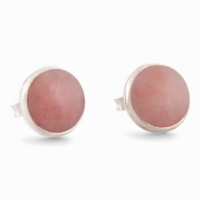 Rose quartz button earrings, 'Classic Pink' - Round Silver Button Earrings with Cabochon Rose Quartz Gems