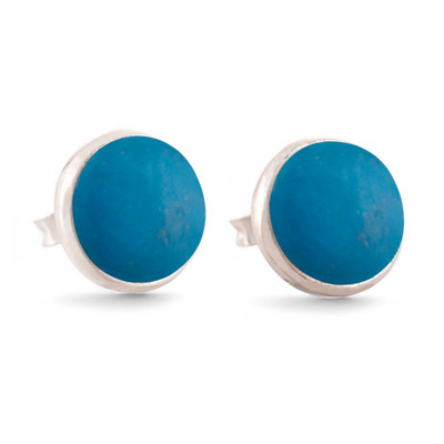 Chrysocolla button earrings, 'Classic Turquoise' - Round Silver Button Earrings with Turquoise Chrysocolla Gems