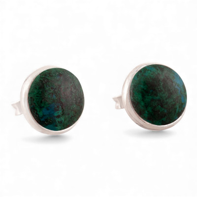 Chrysocolla button earrings, 'Classic Green' - Round Silver Button Earrings with Natural Chrysocolla Gems