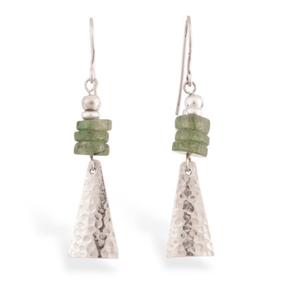 Aventurine dangle earrings, 'Pyramids of Inner Peace' - Pyramid-Inspired Hammered Aventurine Silver Dangle Earrings