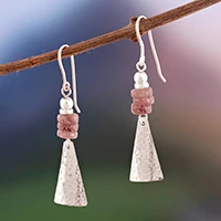 Rose quartz dangle earrings, 'Pyramids of Serenity' - Pyramid-Themed Silver Dangle Earrings with Rose Quartz Gems