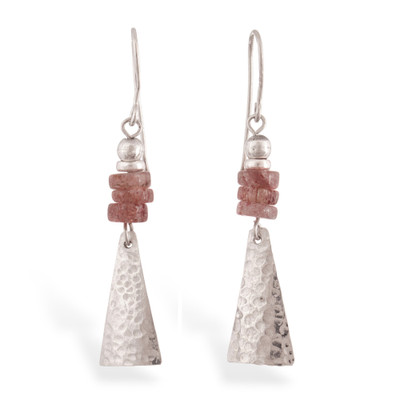 Rose quartz dangle earrings, 'Pyramids of Serenity' - Pyramid-Themed Silver Dangle Earrings with Rose Quartz Gems