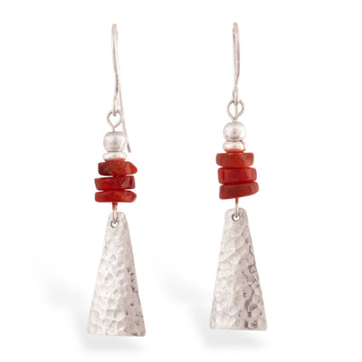 Agate dangle earrings, 'Pyramids of Energy' - Modern Hammered Pyramid-Themed Agate Silver Dangle Earrings