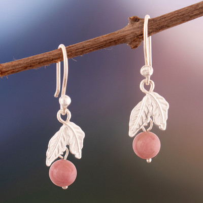 Rhodonite dangle earrings, 'Healing Elements' - Nature-Inspired Leafy Natural Rhodonite Dangle Earrings