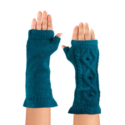 100% alpaca reversible fingerless mittens, 'Peacock Glam' - 100% Alpaca Reversible Fingerless Mittens in Peacock Hues