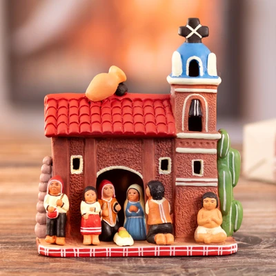 Ceramic nativity scene, 'Nativity Church' - Andean-Themed Ceramic Christmas Nativity Scene from Peru