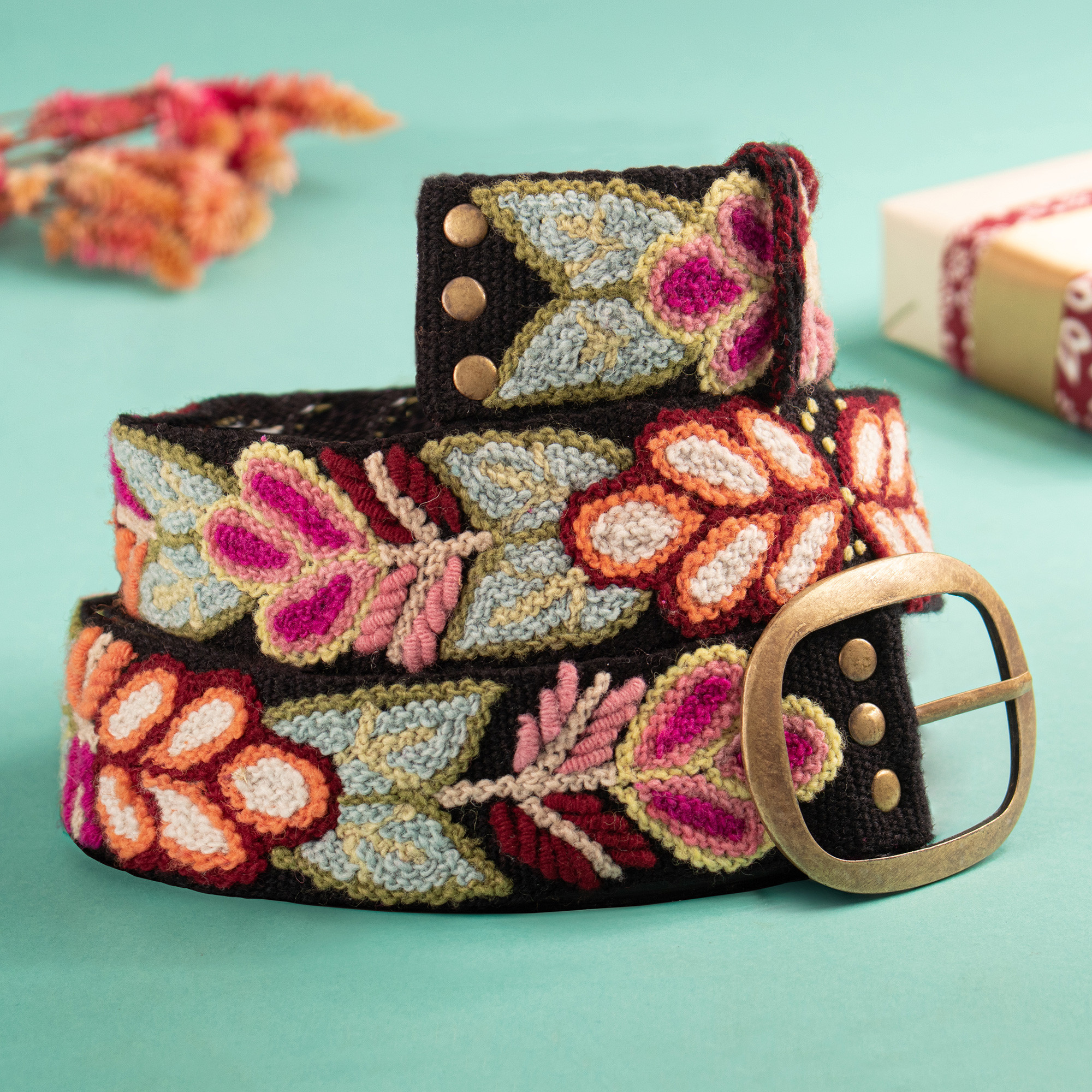Inka Traditions Colorful Floral Embroidered Wool Belt Peru Cream Purple Buckle Colorful handmade floral belt in white - Sacred Weavings  main image 3