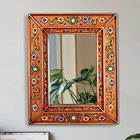 Reverse painted glass wall mirror, 'Evening Mirage' - Sunset-Palette Handmade Reverse-Painted Glass Wall Mirror