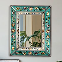 Reverse painted glass wall mirror, 'Turquoise Mirage' - Spring-Themed Turquoise Reverse-Painted Glass Wall Mirror