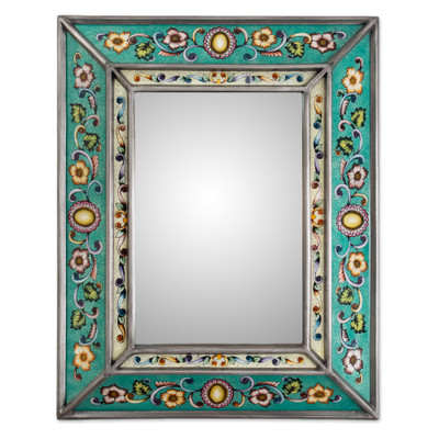 Reverse painted glass wall mirror, 'Turquoise Mirage' - Spring-Themed Turquoise Reverse-Painted Glass Wall Mirror