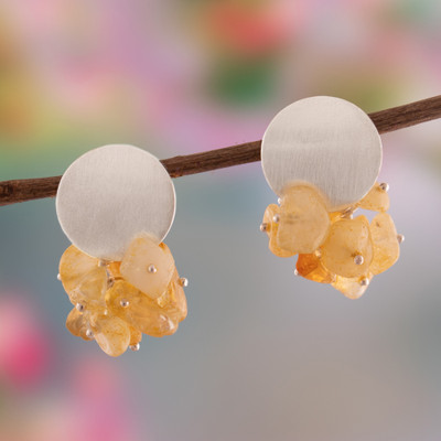 Citrine cluster earrings, 'Amber Enchantment' - Sterling Silver Cluster Earrings with Natural Citrine Stones