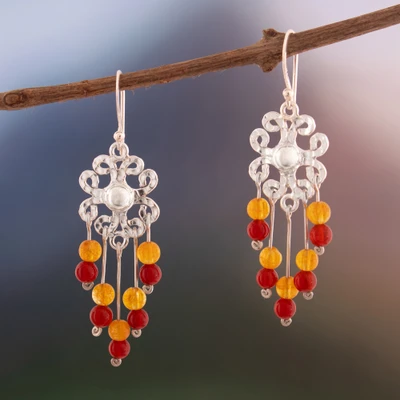 Citrine and agate chandelier earrings, 'Vibrant Flowers' - Citrine and Agate-Accented Silver Floral Chandelier Earrings