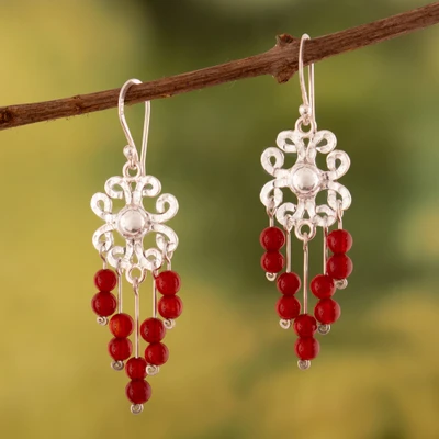 Carnelian chandelier earrings, 'Fiery Flowers' - Silver Floral Chandelier Earrings with Carnelian Stones