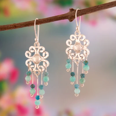 Amazonite chandelier earrings, 'Fabulous Flowers' - Floral-Themed Natural Amazonite Silver Chandelier Earrings