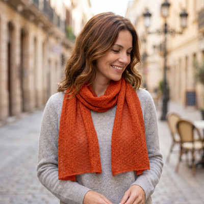 100% baby alpaca scarf, 'Wavy Texture in Vermilion' - Textured 100% Baby Alpaca Knit Scarf in Vermilion from Peru
