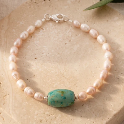 Cultured pearl and chrysocolla beaded pendant bracelet, 'Lagoon Winds' - Chrysocolla Pendant Bracelet with Peach Cultured Pearls