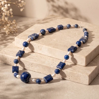 Sodalite and cultured pearl beaded necklace, 'Light of The Andes' - Natural Blue Sodalite Bead and Rose Cultured Pearl Necklace