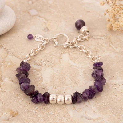 Amethyst beaded bracelet, 'Cantuta Fragments' - Natural Birthstone Amethyst and Sterling Silver Bracelet