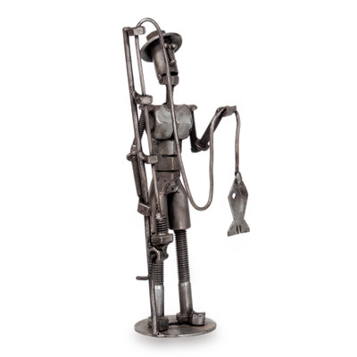 Recycled metal sculpture, 'River Guardian' - Rustic Fisherman with Catch-Themed Recycled Metal Sculpture