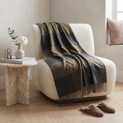 100% baby alpaca throw, 'Comfort and Forest' - Checkered Baby Alpaca Throw in Grey and Artichoke Green Hues