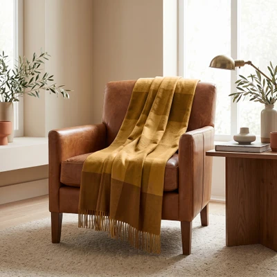 100% baby alpaca throw, 'Comfort and Honey' - Fringed Baby Alpaca Throw with a Honey Checkered Pattern