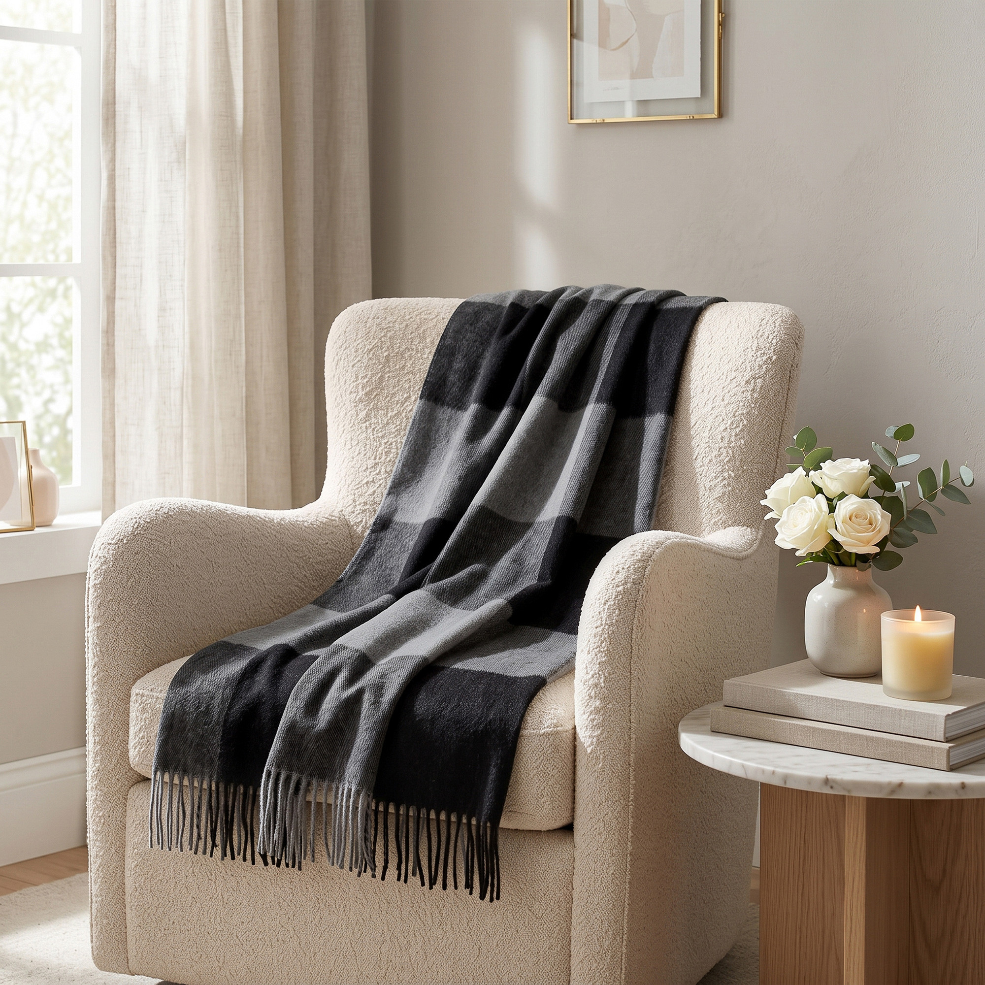 Grey & Black 100% Baby Alpaca Throw with Checkered Pattern